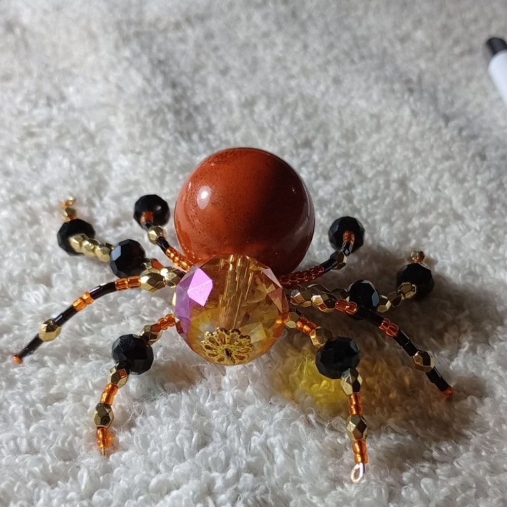 Beaded Spider Halloween Pin  in Black and Orange